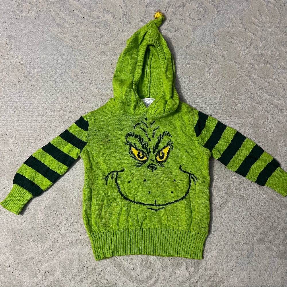 Kids Green Grinch Hoodie with Striped Sleeves Christmas Holidays